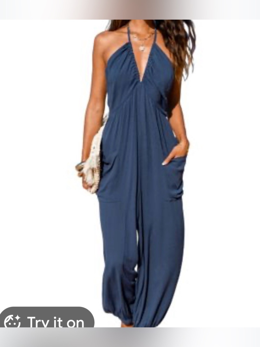 Blue Halter Jumpsuit with Pockets - Women